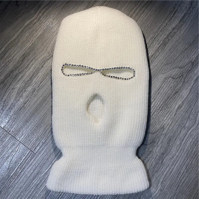 Shining Diamond Balaclava Face Mask Women Pink Sport Knitted Fleece Ski Mask for Women Three Hole Hat Shiny Rhinestone