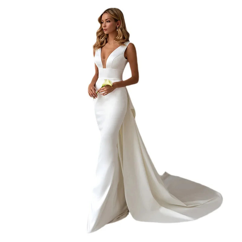 S0399N  Summer Satin Lace Decoration Classic Korean Style Semi-Perspective Long Tail Simple Slim Wedding Dress