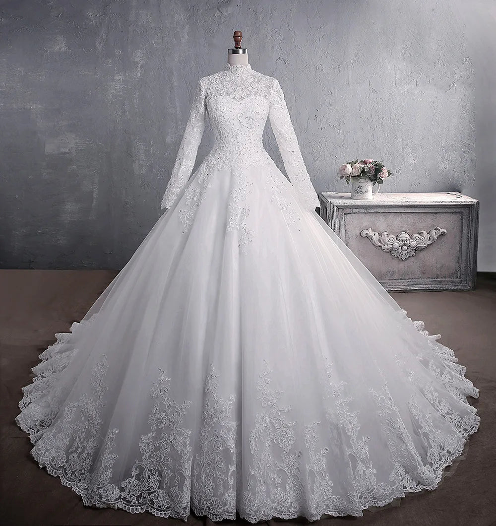 Muslim Wedding Dress 2026 Elegant High Neck With Train Princess Bride Dress Luxury Lace Embroidery Wedding Gown Vestido De Noiva