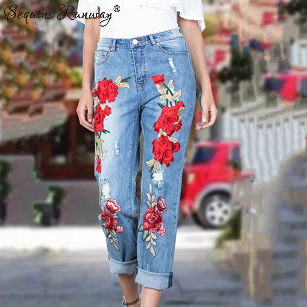Sexy Embroidery fashion streetwear women mom jeans woman jean stacked pants boyfriend baggy jeans vintage clothes denim trousers Main image