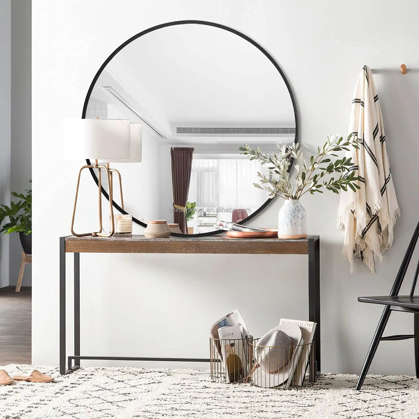 Simple Style Mirror Custom Large  Sliver Gold Black Aluminium Frame Wall Hanging Round  Dia Mirror 80cm 60cm 40cm  Dia 90cm