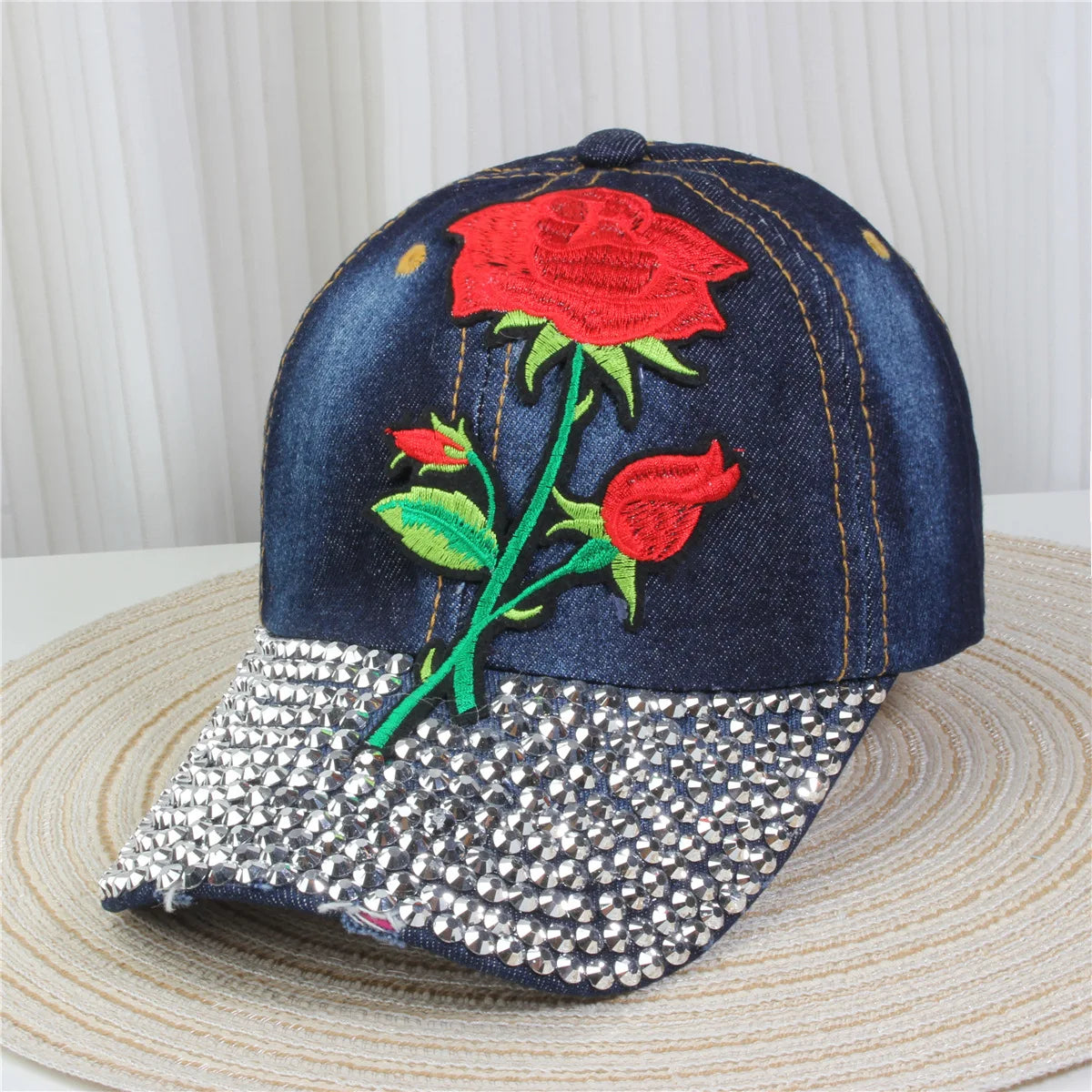Wholesale Red Rose Hats for Women Bling Rhinestone Baseball Cap With Embroidered Rose Flower Denim Baseball Cap Woman Main image