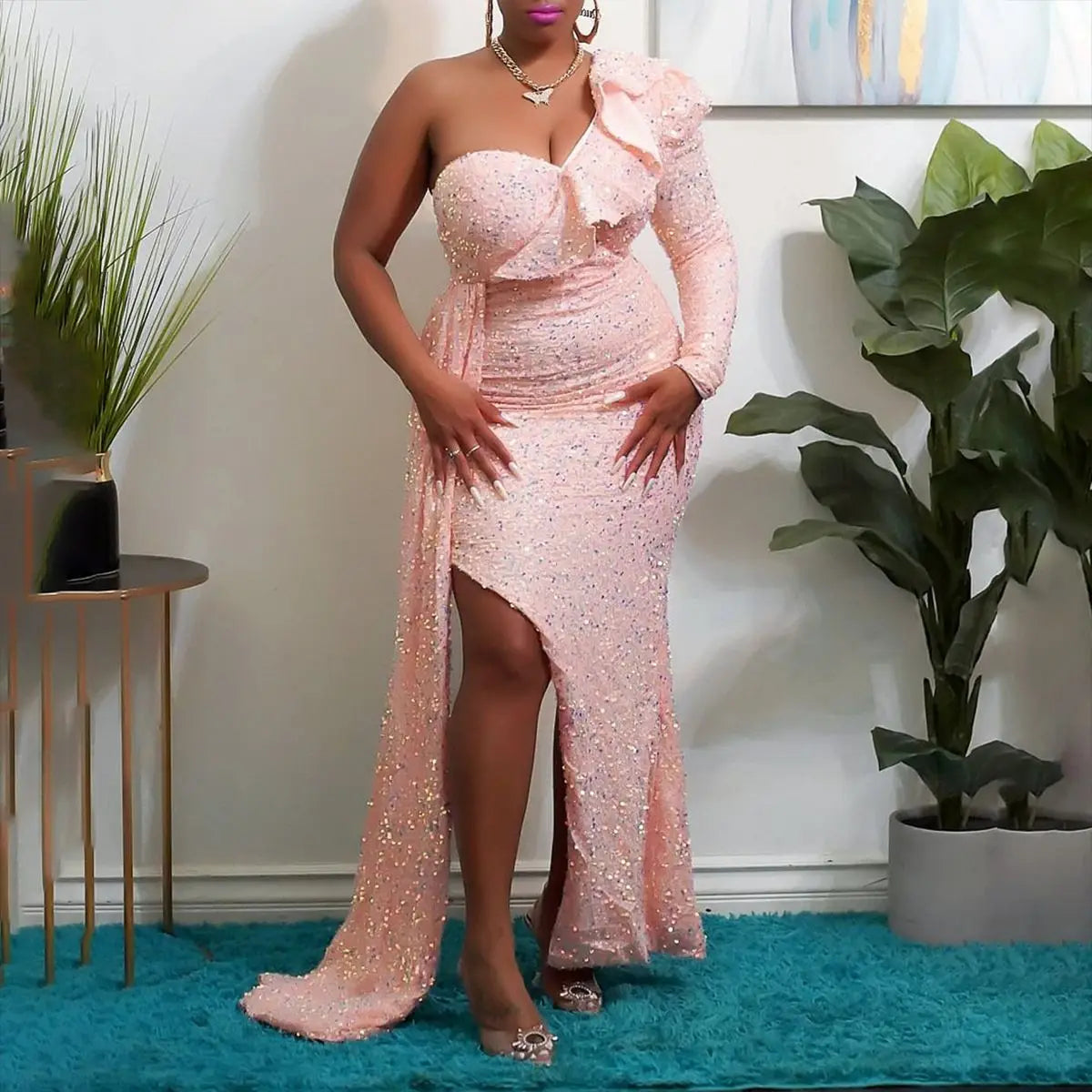 African Bridesmaid Party Evening One Shoulder Dress Women Sexy Plus Size Sequin Long Dresses Secondary image