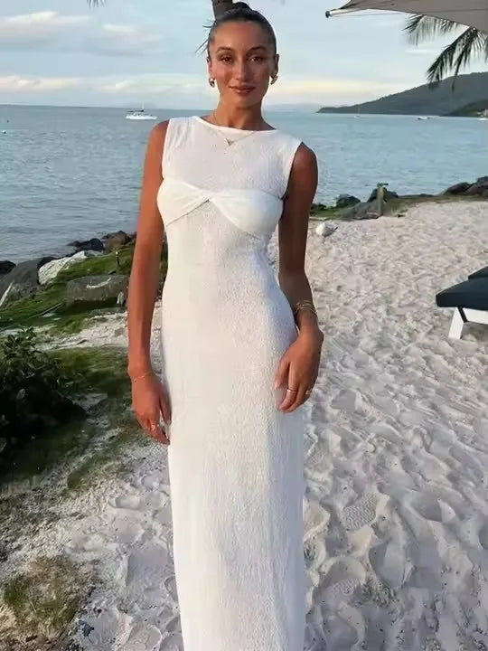 Female Summer Skinny Elegant Party Beachwear Sleeveless Round Neck Dress Knitted See Through Ruched Women Maxi Dress