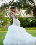 Tassel Train African Mermaid Wedding Dresses 2020 Cap Sleeve lace up Back Embroidery Trumpet Lace Wedding Dress
