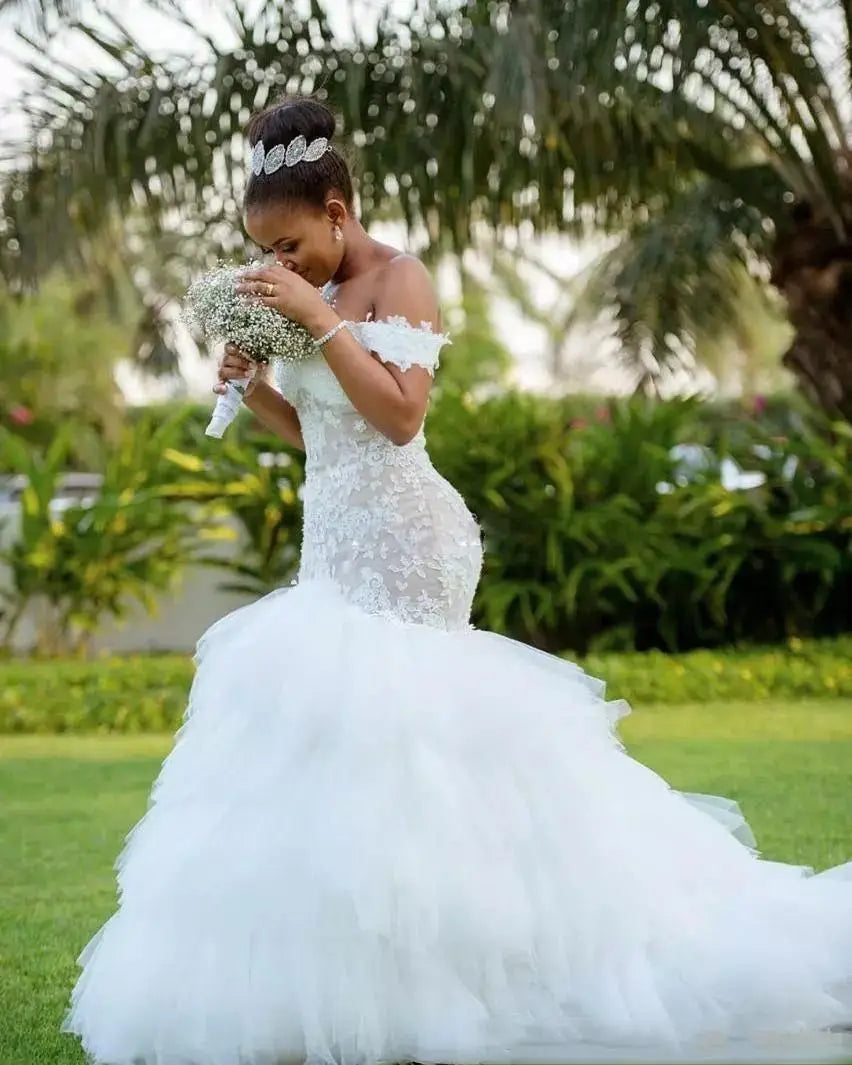 Tassel Train African Mermaid Wedding Dresses 2020 Cap Sleeve lace up Back Embroidery Trumpet Lace Wedding Dress