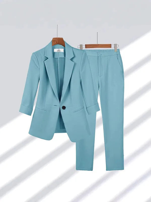 2025& 2026 Women's New V-neck Big Collar Solid Color One Button Professional Set Casual Nine Sleeve Suit Set Women's Wear Secondary image