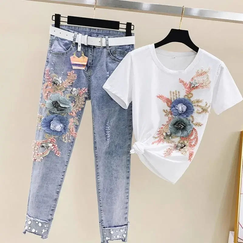 One-Piece/Set 2025 & 2026 Summer New Women Denim Pants Beaded Embroidery Short-Sleeved + Small Feet Hole Jeans Female Two-Piece Suit425 Main image