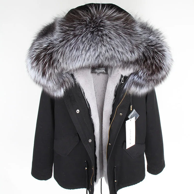 MAOMAOKONG 2025 & 2026 Real Fur Coat New Fashion Fox Fur Collar Winter Women's clothing Removable Lining Thickened Jacket Short Parka