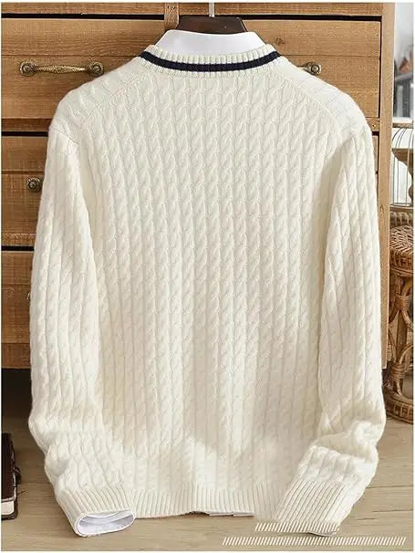Cashmere Men Cable Knit V Neck Sweater With Color Neck Line Customized Color Support Factory Direct Manufacturing Secondary image