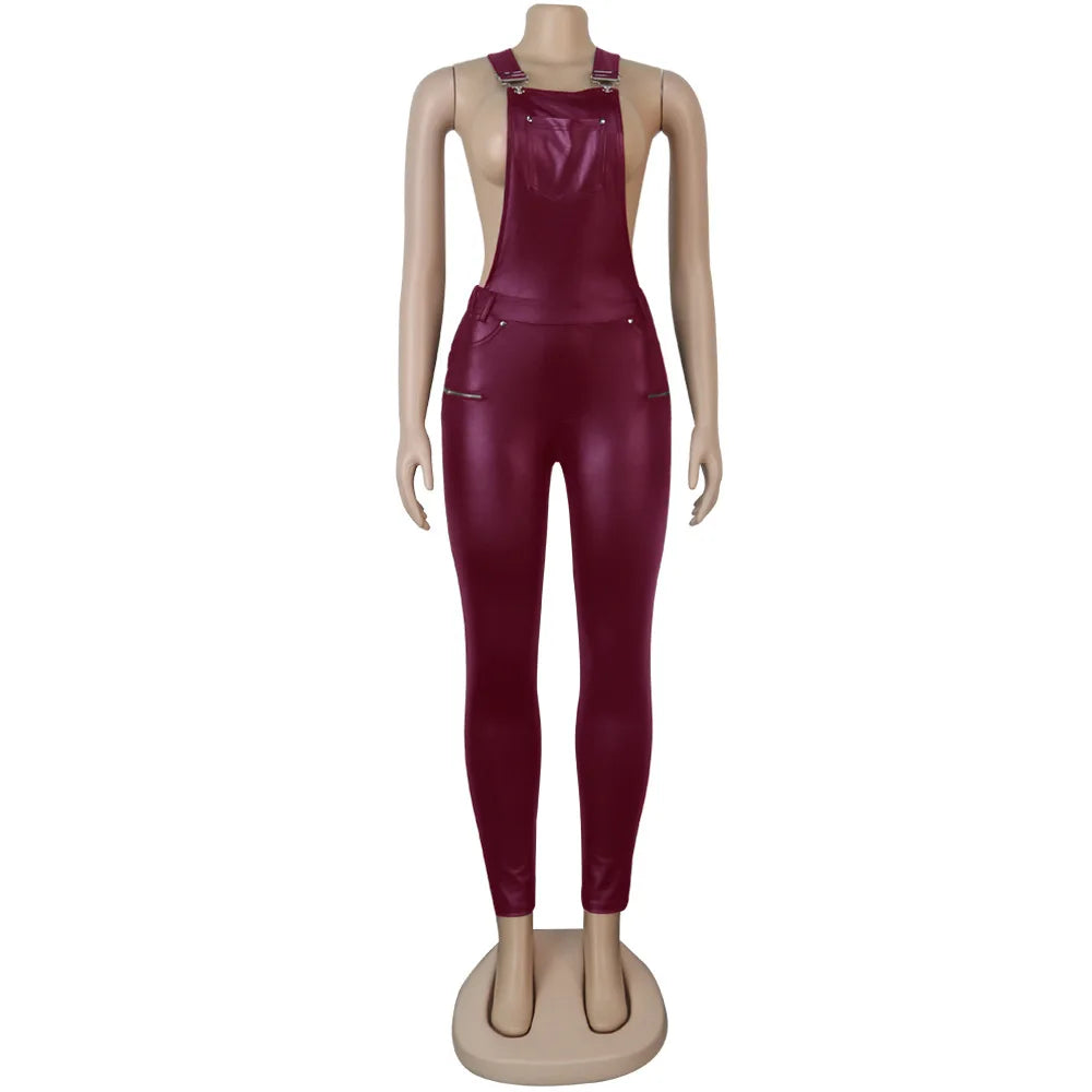 Hot Sale Leather Pu Suspenders for Women Black Leather Overalls for Women Baggy Jumpsuit for Women Secondary image
