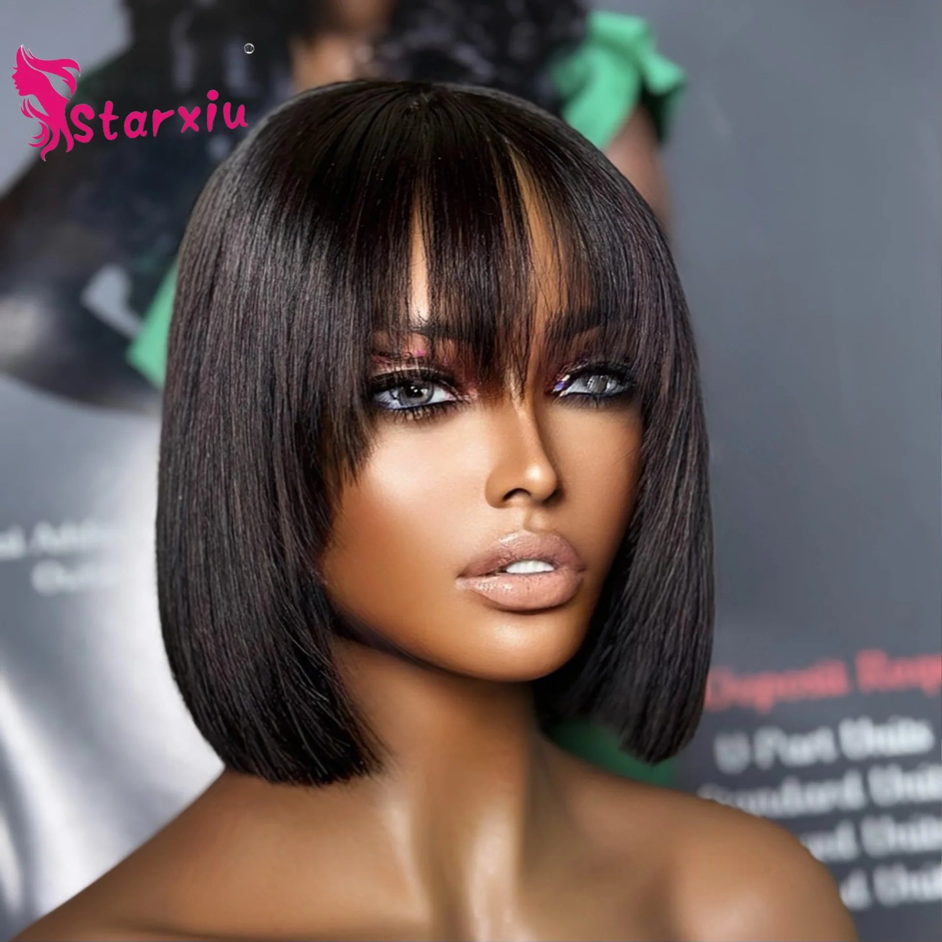 100% Human Hair Bob Wig With Bangs Short Straight Wig for Women Daily Use Secondary image
