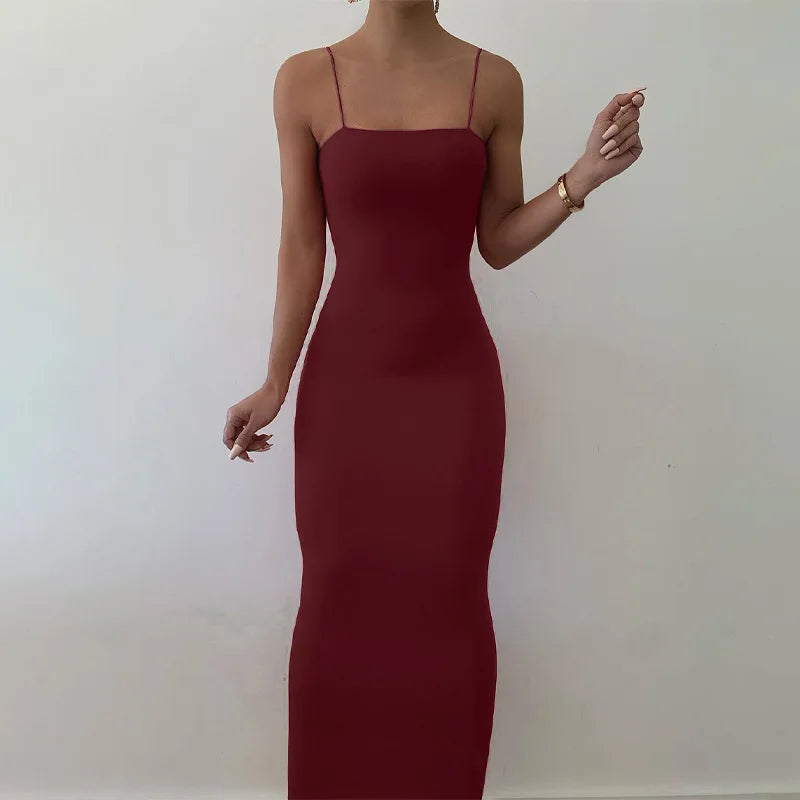 In Stock Women Sleeveless Solid Color Sexy Maxi Bodycon slip Casual Long Summer Dress