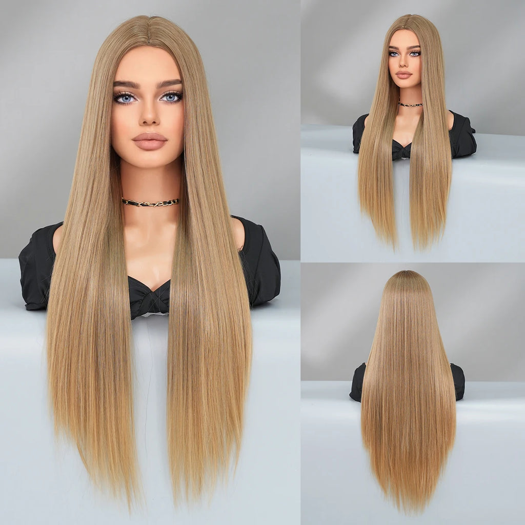613 Blond Synthetic Hair Wigs 32 Inch Long Straight Hair with Bangs Middle Parted Ombre Blond Wigs Perucas for Women Daily Use