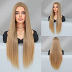 613 Blond Synthetic Hair Wigs 32 Inch Long Straight Hair with Bangs Middle Parted Ombre Blond Wigs Perucas for Women Daily Use