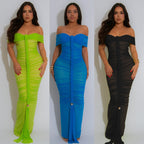 Sexy Solid Color Patchwork Backless Ruched Off Shoulder Long Dresses