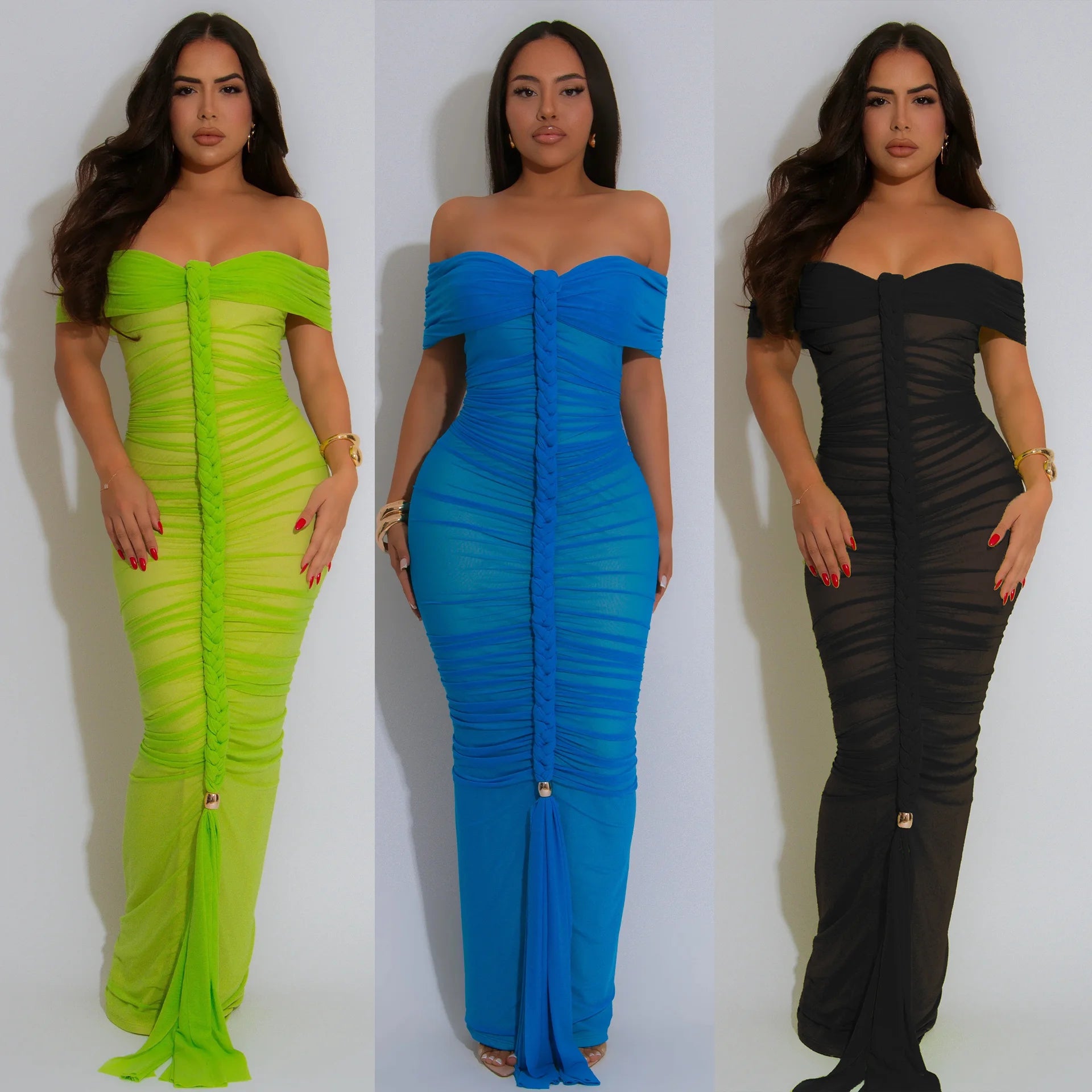 Sexy Solid Color Patchwork Backless Ruched Off Shoulder Long Dresses Main image
