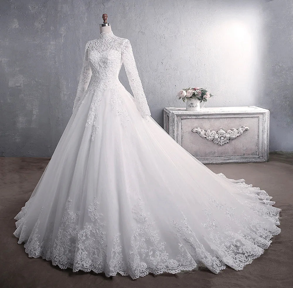 Muslim Wedding Dress 2026 Elegant High Neck With Train Princess Bride Dress Luxury Lace Embroidery Wedding Gown Vestido De Noiva Main image