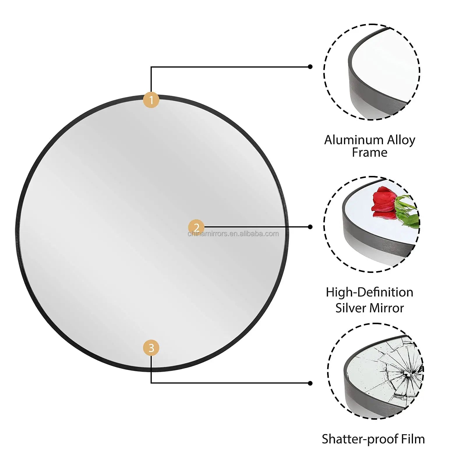 Simple Style Mirror Custom Large  Sliver Gold Black Aluminium Frame Wall Hanging Round  Dia Mirror 80cm 60cm 40cm  Dia 90cm