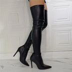 Smooth PU Upper Spike Heel Concise Women Over Knee High Boots Side Zipper Thin Heel Thigh High Booties for Ladies Big Size 47