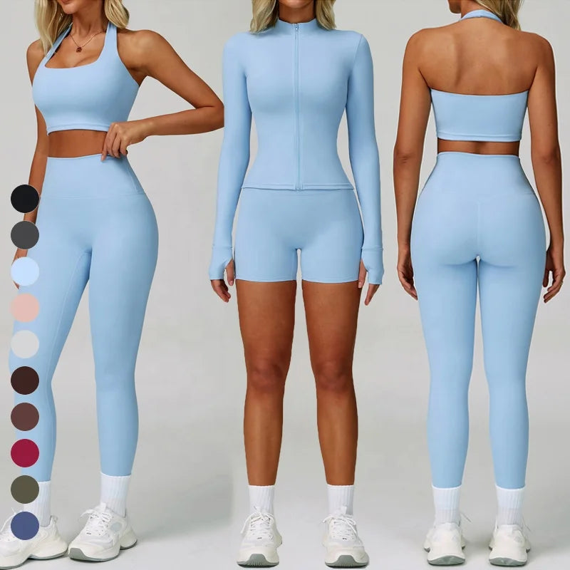 Wholesale Fitness 4 Pcs Women Yoga Set Halter Neck Active Top Full Zip Workout Jacket High Waist Shorts and Leggings Sport Suit Secondary image