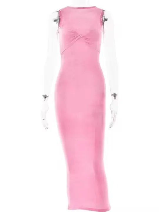 Female Summer Skinny Elegant Party Beachwear Sleeveless Round Neck Dress Knitted See Through Ruched Women Maxi Dress