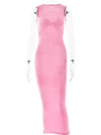 Female Summer Skinny Elegant Party Beachwear Sleeveless Round Neck Dress Knitted See Through Ruched Women Maxi Dress
