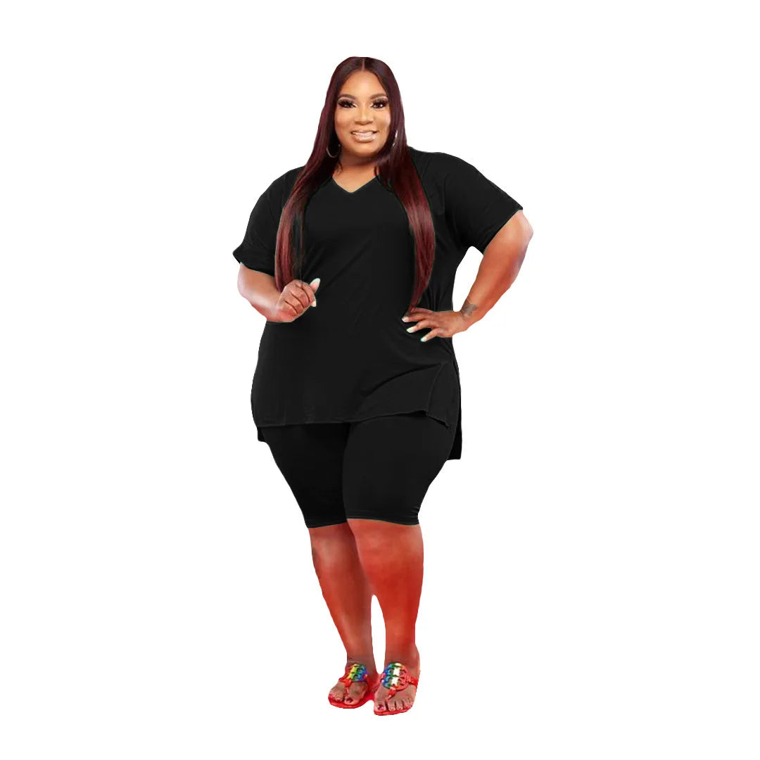 S-5XL Fashion Casual V-Neck Solid Color Short Sleeve Summer Sports Yoga Jogger Set 2 Piece Custom Short Plus Size Women Set Secondary image