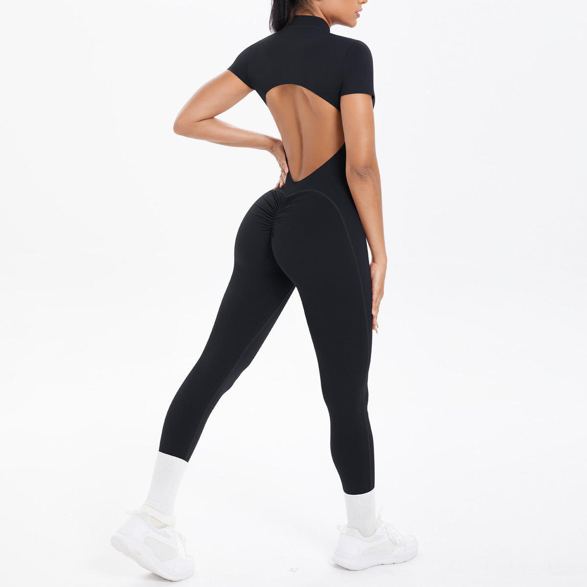 Sexy Backless Bodycon Scrunch Jumpsuit Raises Butt Women Dance Fitness Overalls Push Up  With Chest Cushion Yoga Sport Jump Suit