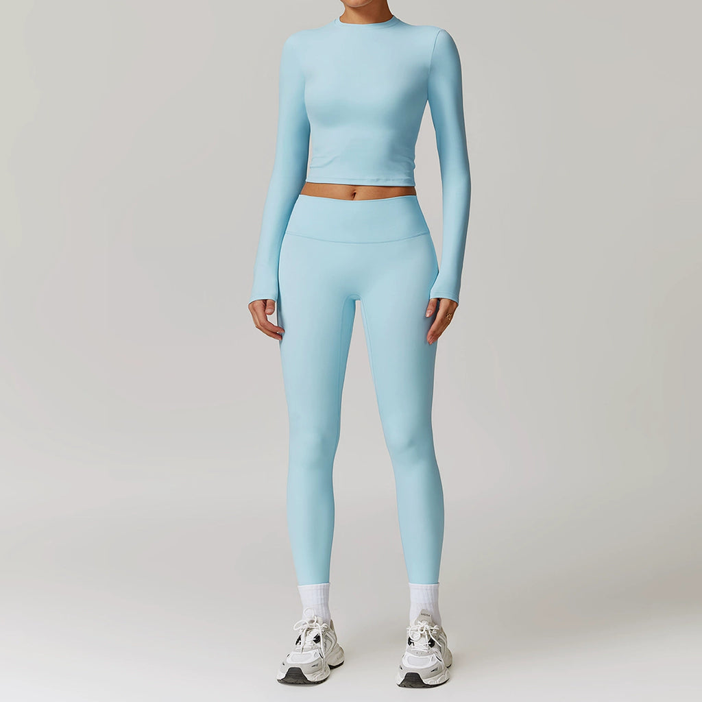 Fall and Winter Brushed Back Yoga Clothes Suit High Waist Stretch Tight Exercise Workout Pants Women's Long-Sleeved T-shirt Strapless Bra Pad
