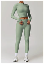 Fall and Winter Brushed Back Yoga Clothes Suit High Waist Stretch Tight Exercise Workout Pants Women's Long-Sleeved T-shirt Strapless Bra Pad