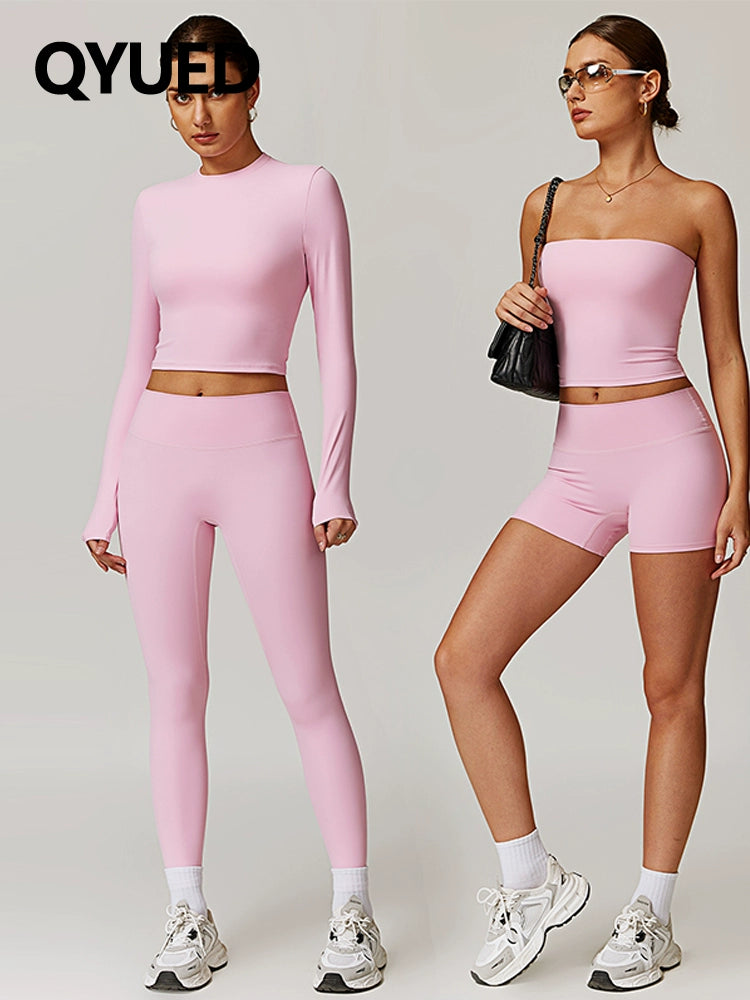 Fall and Winter Brushed Back Yoga Clothes Suit High Waist Stretch Tight Exercise Workout Pants Women's Long-Sleeved T-shirt Strapless Bra Pad