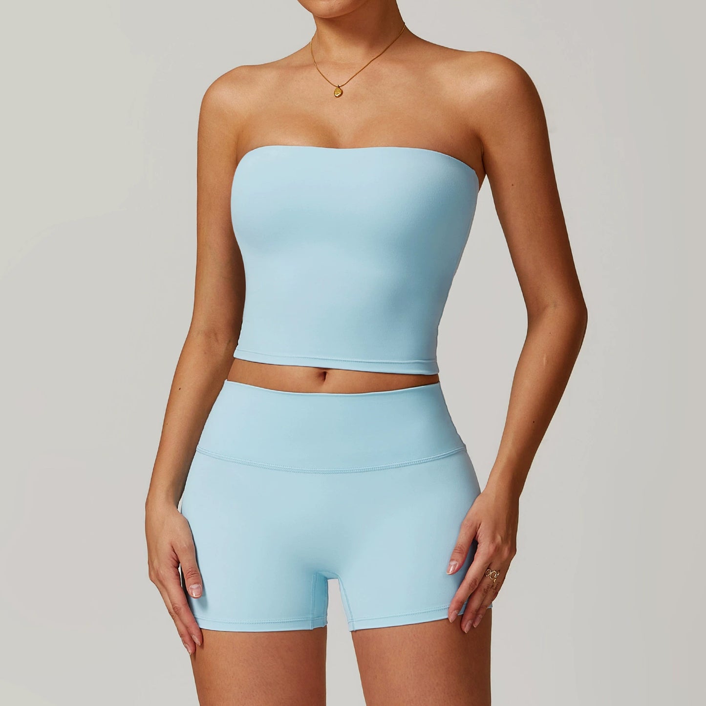 Fall and Winter Brushed Back Yoga Clothes Suit High Waist Stretch Tight Exercise Workout Pants Women's Long-Sleeved T-shirt Strapless Bra Pad