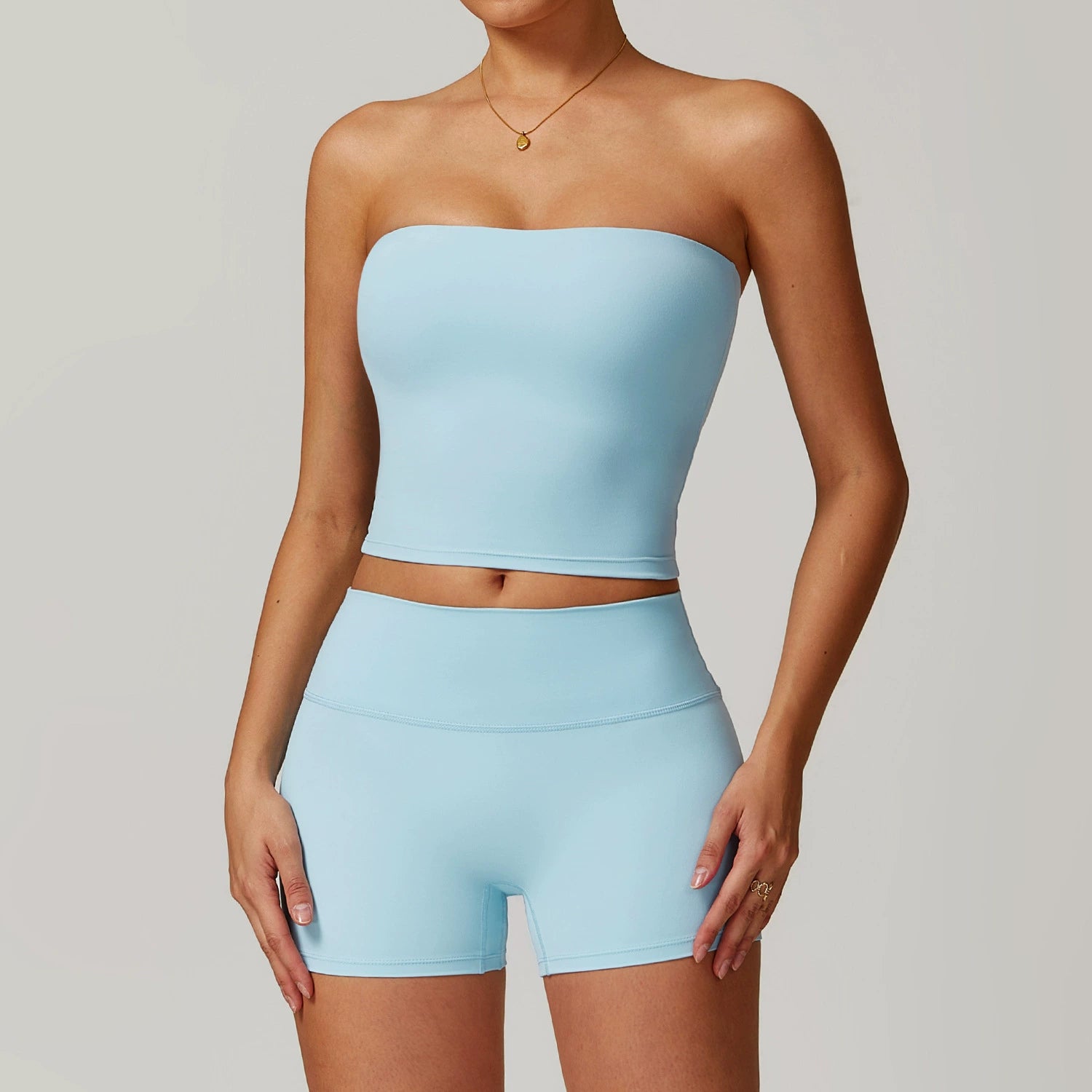 Fall and Winter Brushed Back Yoga Clothes Suit High Waist Stretch Tight Exercise Workout Pants Women's Long-Sleeved T-shirt Strapless Bra Pad