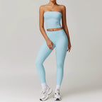 Fall and Winter Brushed Back Yoga Clothes Suit High Waist Stretch Tight Exercise Workout Pants Women's Long-Sleeved T-shirt Strapless Bra Pad