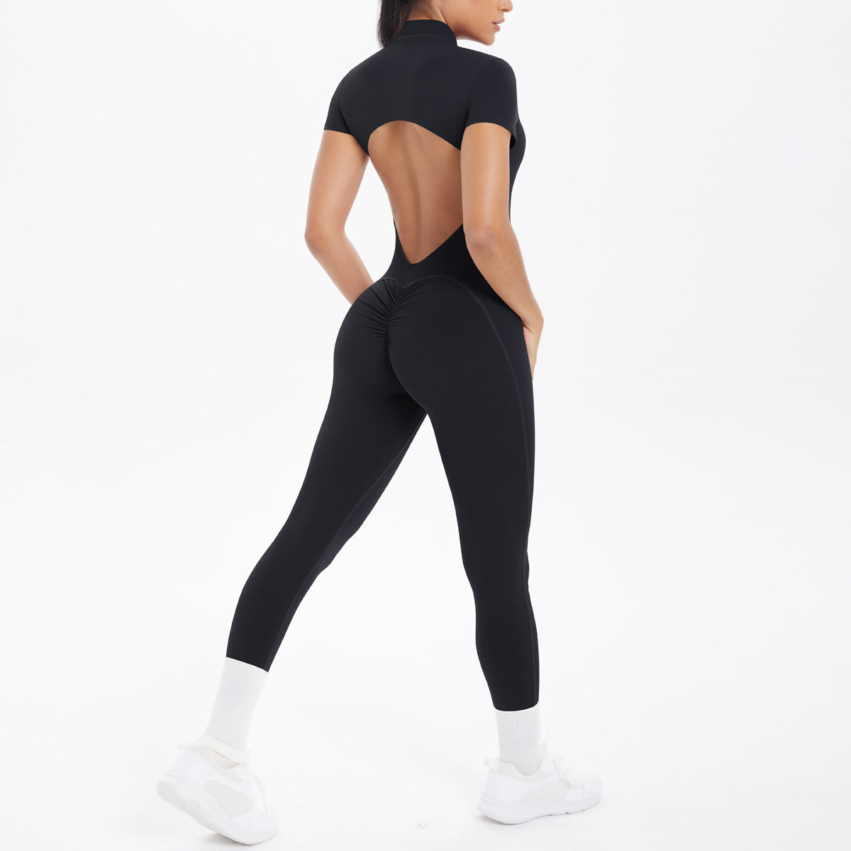 Sexy Backless Bodycon Scrunch Jumpsuit Raises Butt Women Dance Fitness Overalls Push Up  With Chest Cushion Yoga Sport Jump Suit