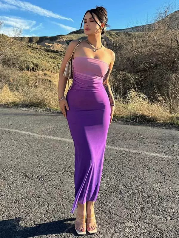 Western Style Ins New Fashion Tube Top Gradient Color Slim fit Long dress Sexy Backless Print Sheath Dress Women