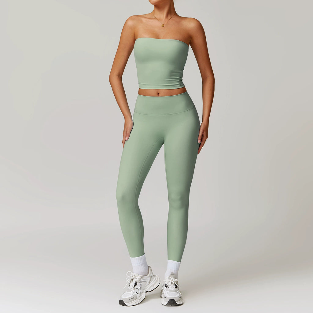 Fall and Winter Brushed Back Yoga Clothes Suit High Waist Stretch Tight Exercise Workout Pants Women's Long-Sleeved T-shirt Strapless Bra Pad