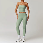 Fall and Winter Brushed Back Yoga Clothes Suit High Waist Stretch Tight Exercise Workout Pants Women's Long-Sleeved T-shirt Strapless Bra Pad