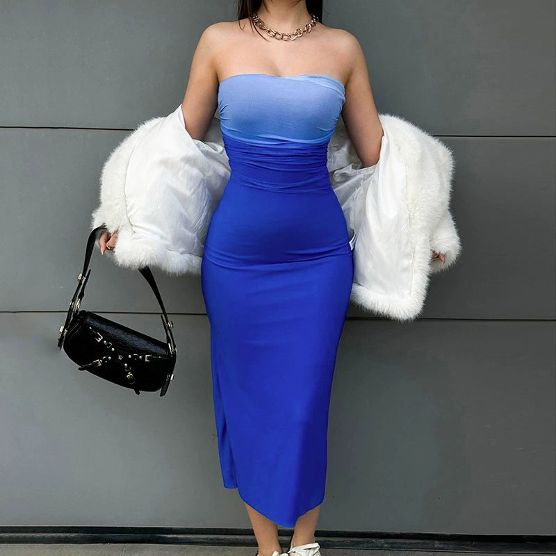 Western Style Ins New Fashion Tube Top Gradient Color Slim fit Long dress Sexy Backless Print Sheath Dress Women