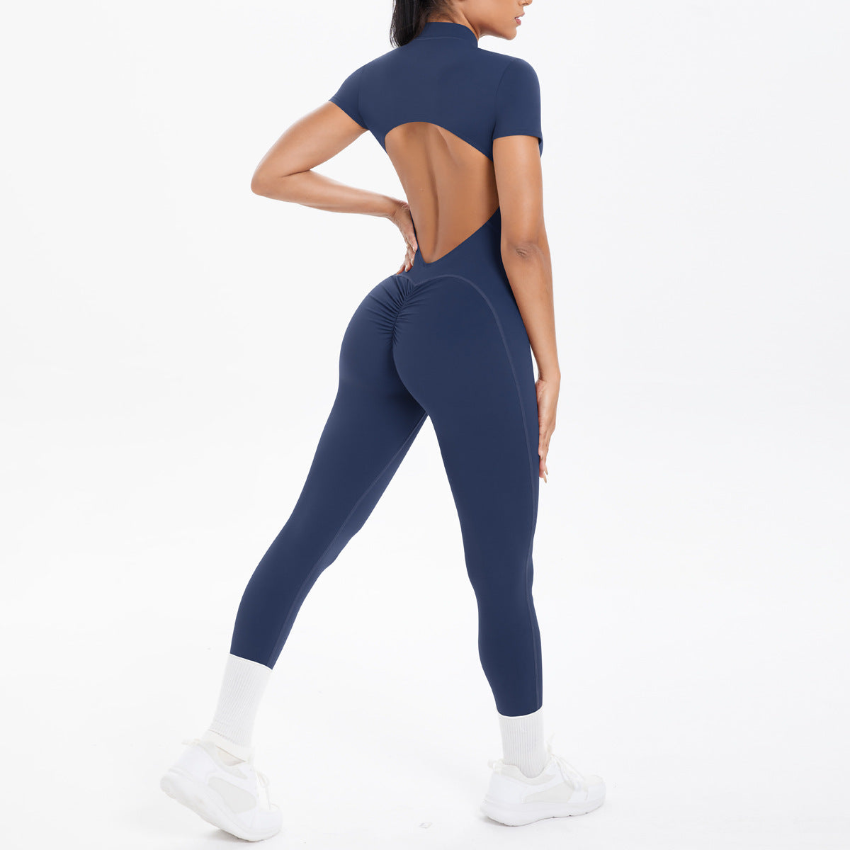 Sexy Backless Bodycon Scrunch Jumpsuit Raises Butt Women Dance Fitness Overalls Push Up  With Chest Cushion Yoga Sport Jump Suit