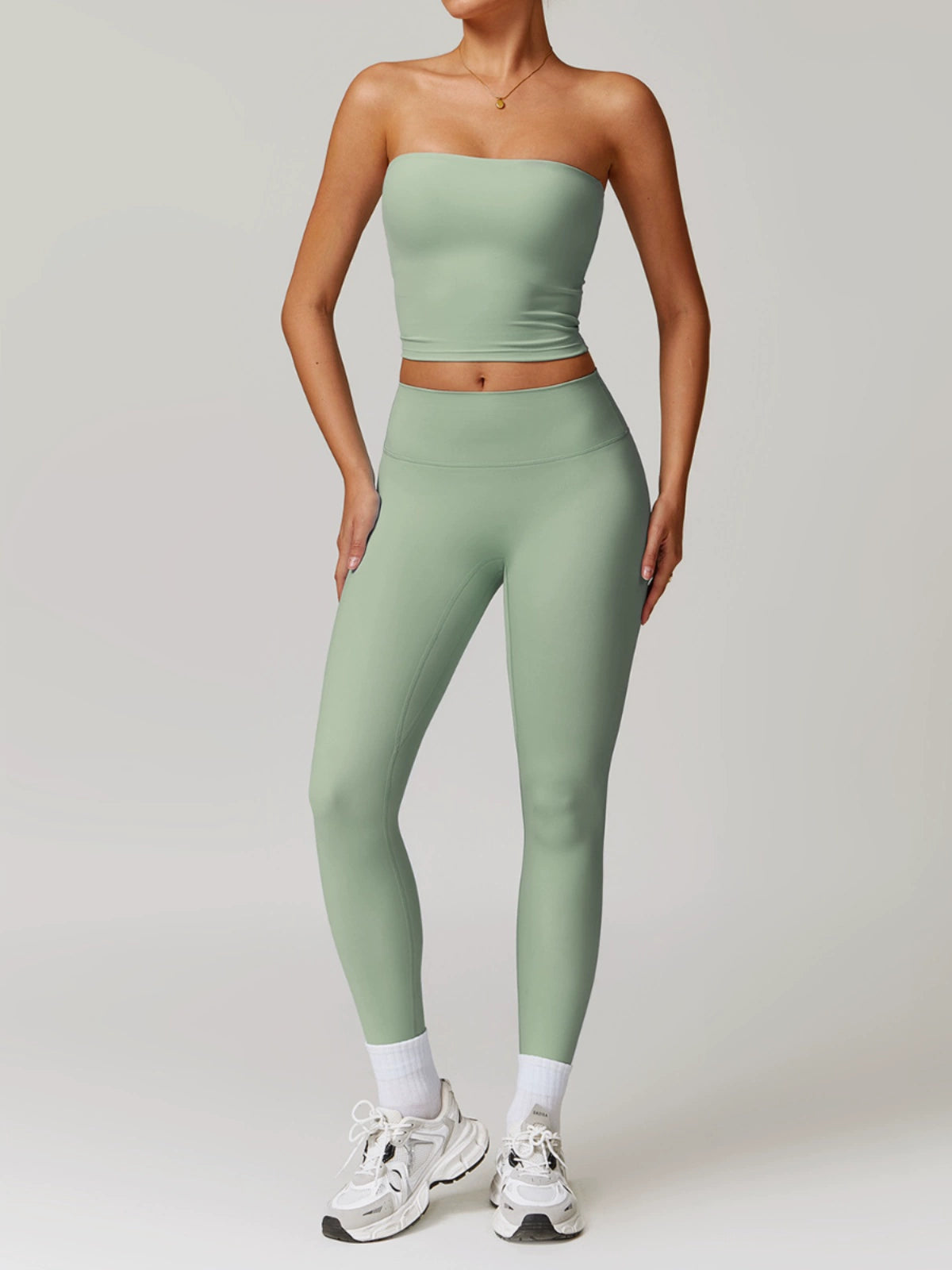 Fall and Winter Brushed Back Yoga Clothes Suit High Waist Stretch Tight Exercise Workout Pants Women's Long-Sleeved T-shirt Strapless Bra Pad