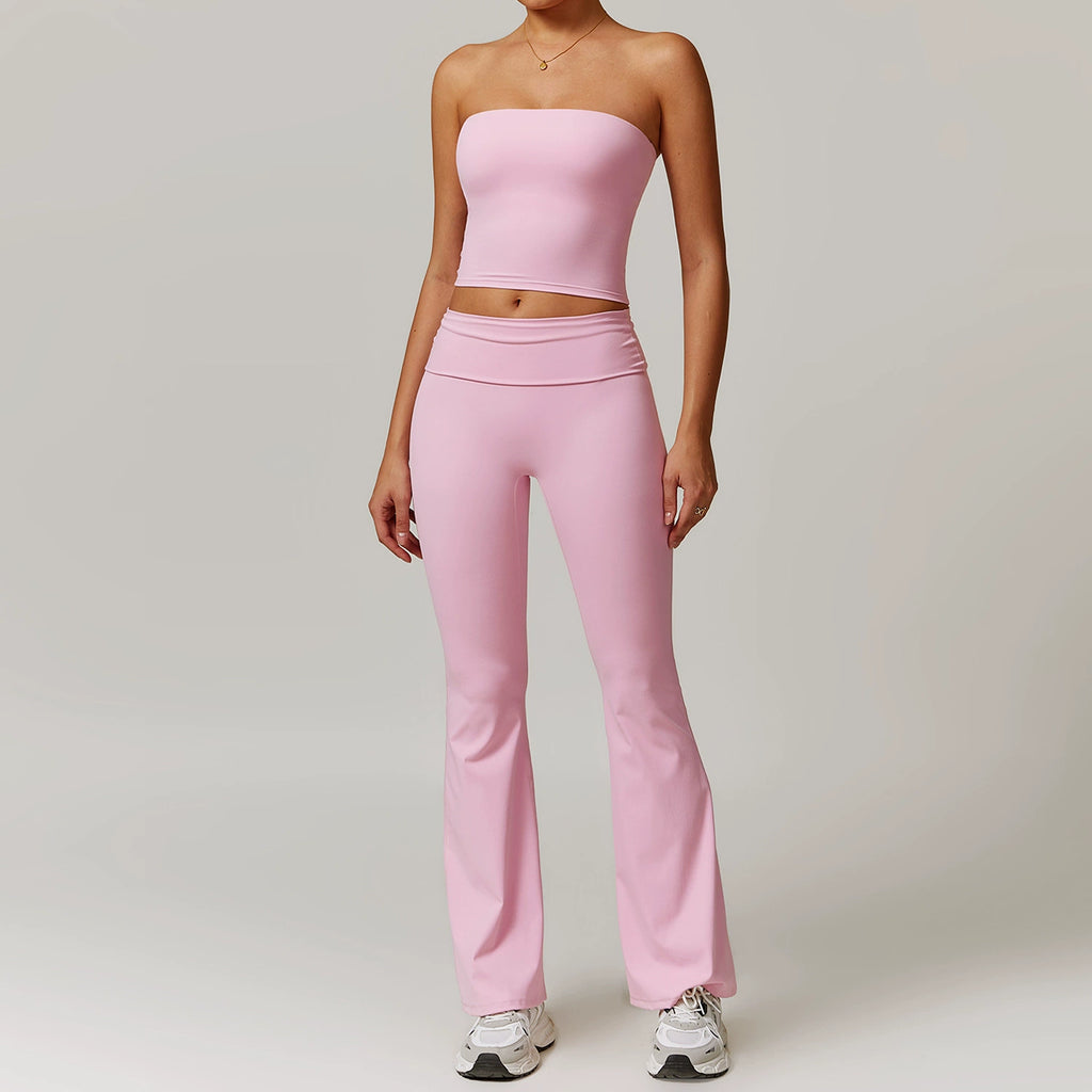 Fall and Winter Brushed Back Yoga Clothes Suit High Waist Stretch Tight Exercise Workout Pants Women's Long-Sleeved T-shirt Strapless Bra Pad