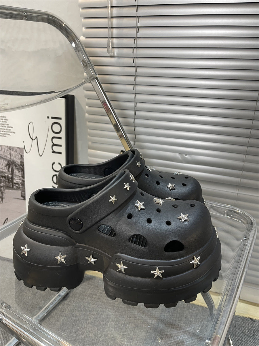 Women Summer Sandals High 10cm Heels Chunky Clogs with Star Charms Garden Shoes Waterproof Beach Pool Sandals Mules Slippers