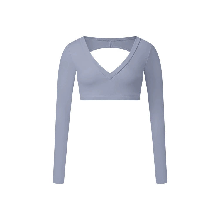 Beauty Back Workout Clothes Women's Long Sleeve Short Sexy V Neck 2026 New Arrival Fancy Yoga Clothing Top T-shirt with Chest Pad