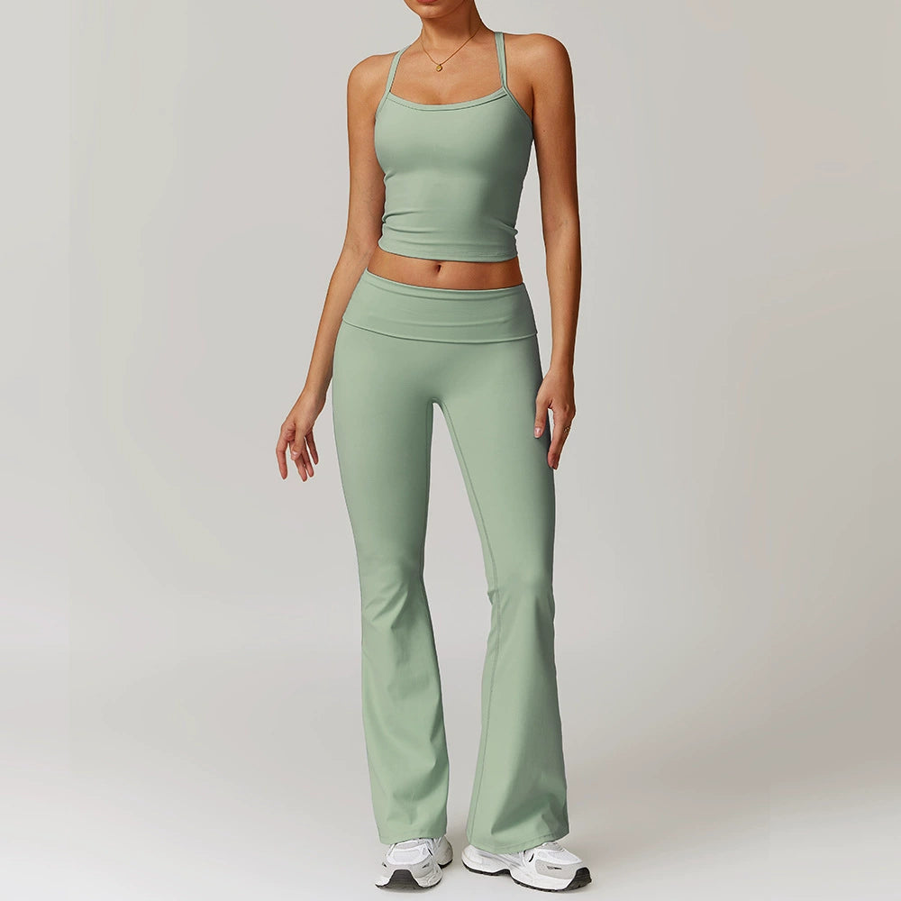 Fall and Winter Brushed Back Yoga Clothes Suit High Waist Stretch Tight Exercise Workout Pants Women's Long-Sleeved T-shirt Strapless Bra Pad