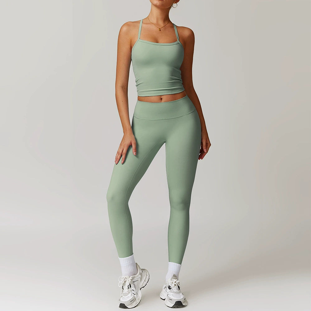Fall and Winter Brushed Back Yoga Clothes Suit High Waist Stretch Tight Exercise Workout Pants Women's Long-Sleeved T-shirt Strapless Bra Pad