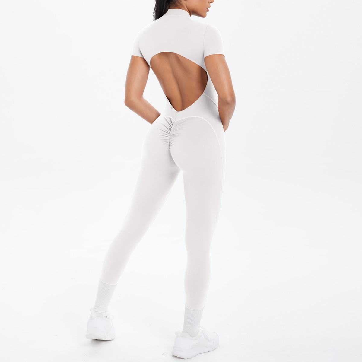 Sexy Backless Bodycon Scrunch Jumpsuit Raises Butt Women Dance Fitness Overalls Push Up  With Chest Cushion Yoga Sport Jump Suit