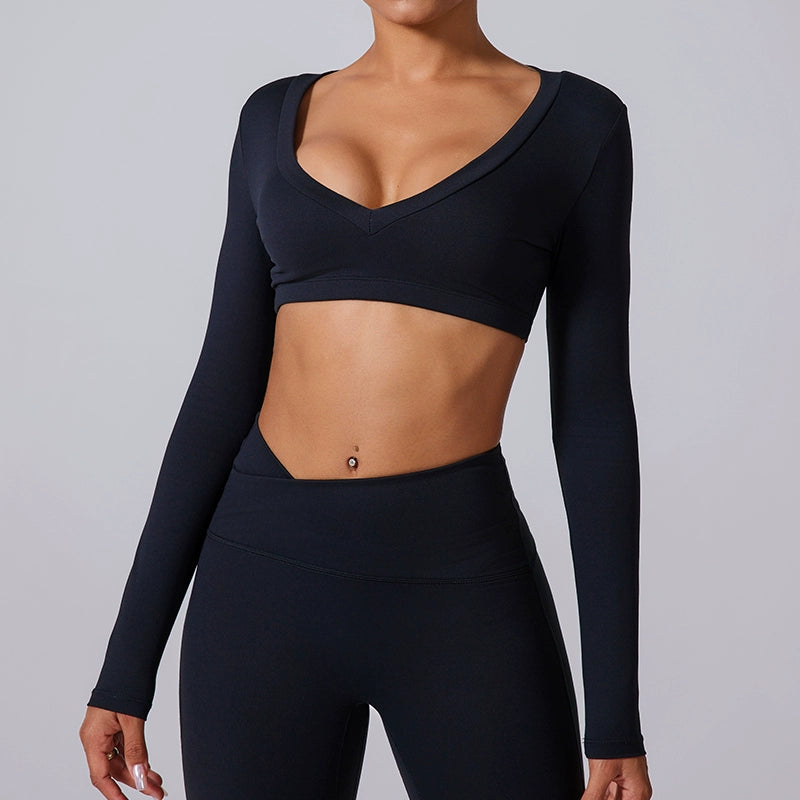 Beauty Back Workout Clothes Women's Long Sleeve Short Sexy V Neck 2026 New Arrival Fancy Yoga Clothing Top T-shirt with Chest Pad