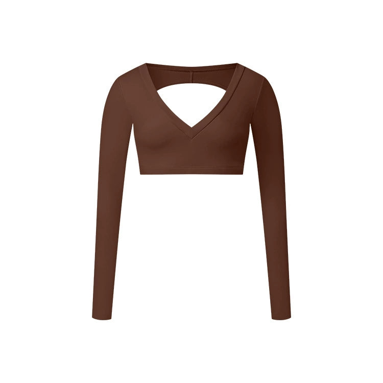 Beauty Back Workout Clothes Women's Long Sleeve Short Sexy V Neck 2026 New Arrival Fancy Yoga Clothing Top T-shirt with Chest Pad